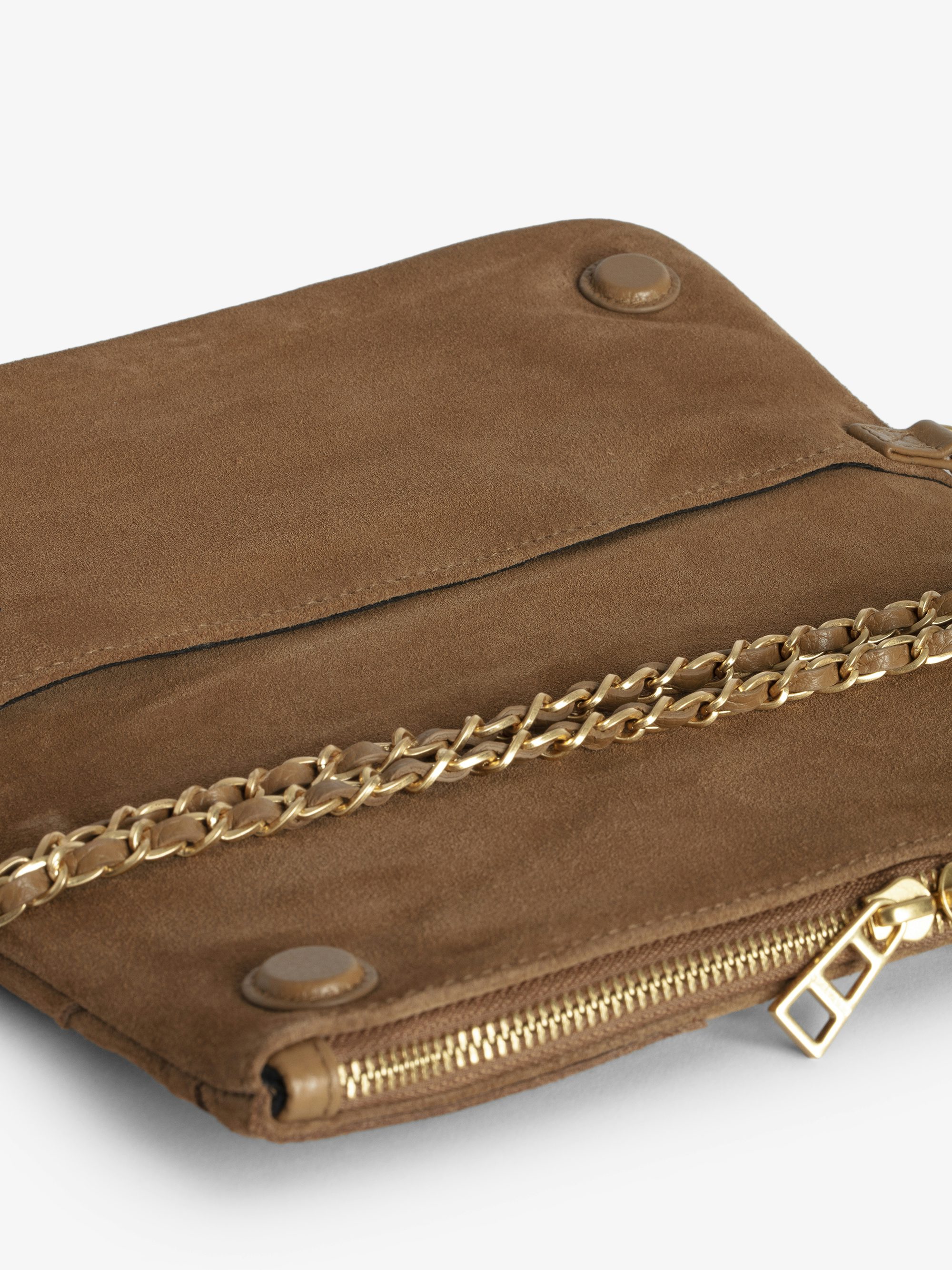 Rock Suede Clutch - Western suede leather clutch with double chain and wing signatures.